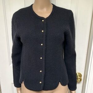 Vintage Crystal Sportwear Black Boiled Wool Cardigan Sweater Jacket Academia M